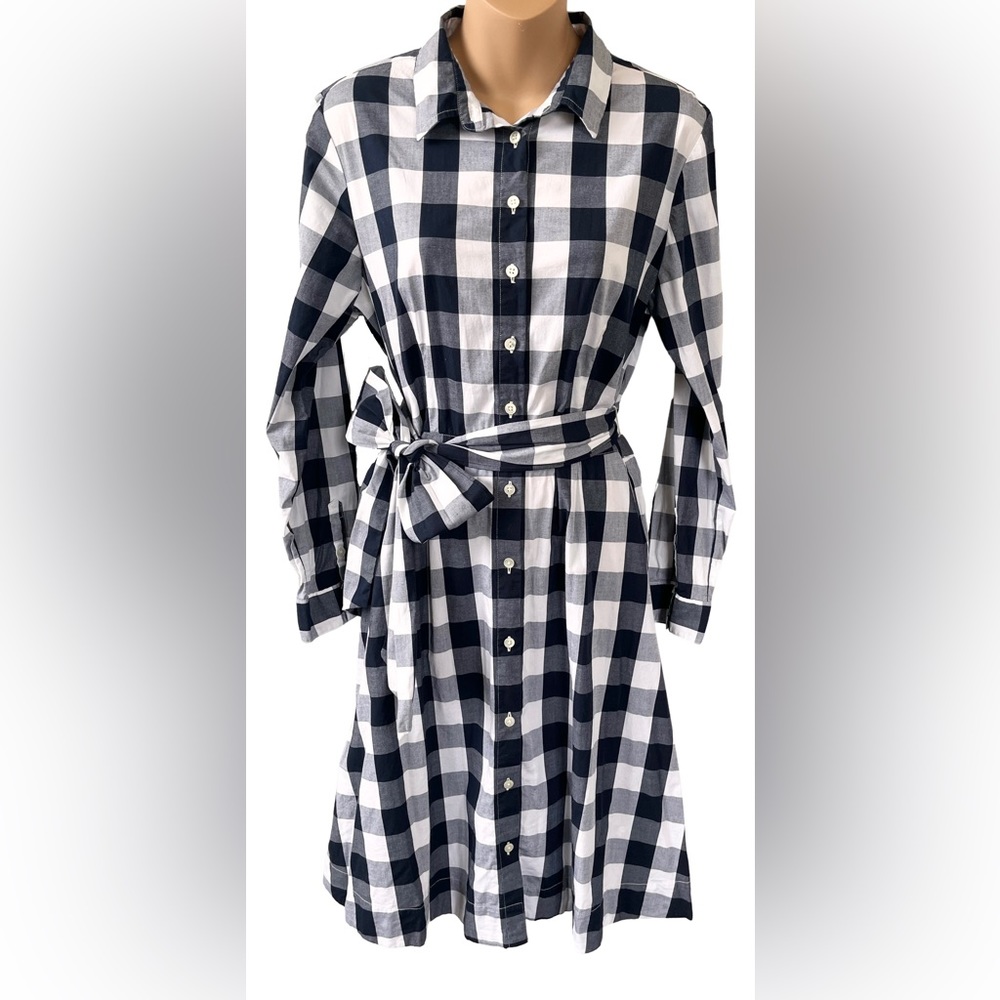 J. Crew Navy and White Gingham Button‑Front Midi Shirt Dress
